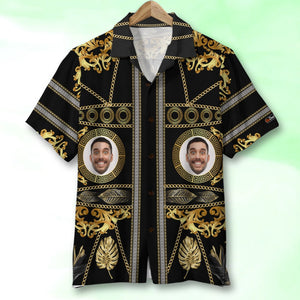 Golden Pattern with Custom Face Image ,Personalized Hawaiian Shirt and Men Beach Shorts, Summer Gifts - Hawaiian Shirts - GoDuckee
