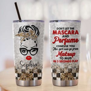 Personalized Racing Girl Tumbler - Don't Let Mascara And Perfume Confuse You - Leopard Checkered Pattern - Tumbler Cup - GoDuckee