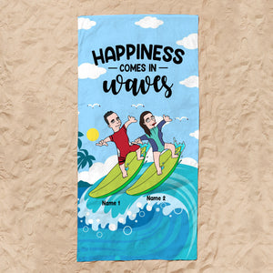 Happiness Comes in Waves - Simpsonized Surfing Beach Towel - Gifts For Wife, Girlfriend From Husband - Beach Towel - GoDuckee
