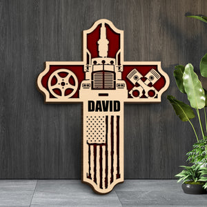 Trucker Truck Inside A Cross - Personalized Wood Art - Gift for Trucker - Wood Sign - GoDuckee