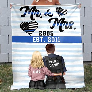 Personalized Police Couple Blanket - Custom Name, Number - Thin Blue Line Background - Mr & Mrs - Blanket - GoDuckee