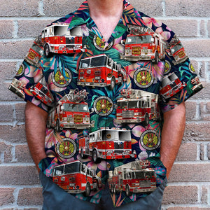 Custom Fire Engine Photo Hawaiian Shirt, Floral Pattern, Gift For Firefighter - Hawaiian Shirts - GoDuckee