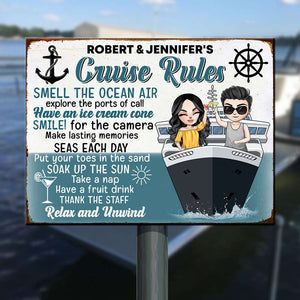 Personalized Cruising Couple Metal Sign - Cruise Rules Relax and Unwind - Metal Wall Art - GoDuckee