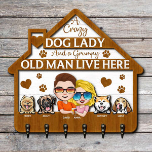 Crazy Dog Lady and A Grumpy Old Man Live Here, Personalized 2 Layers Wood Key Hanger, Gift for Dog Lovers - Wood Sign - GoDuckee