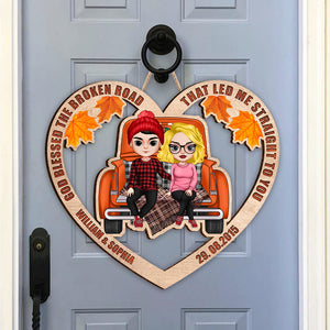 God Bless The Broken Road That Led Me Straight to You, Personalized Couple Wood Sign, Autumn Couple - Wood Sign - GoDuckee