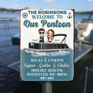 Personalized Pontoon Couple Metal Sign - Welcome To Our Pontoon Sippin' Grillin' & Chillin' - Metal Wall Art - GoDuckee