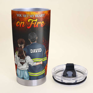 Personalized Firefighter Couple Tumbler Cup - You Set My Heart On Fire - Firefighter's Wife - Couple Shoulder to Shoulder - Tumbler Cup - GoDuckee