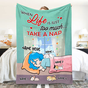 When Life Is Just Too Much Take A Nap, Personalized Cartoon Sleeping Girl & Cat Breeds Blanket - Blanket - GoDuckee