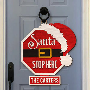 Santa Stop Here Personalized Family Wood Sign Gift For Family - Wood Sign - GoDuckee