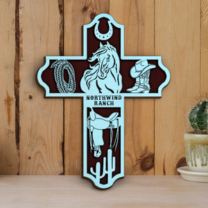 Cowboy Horse Cross - Personalized 3D 2-Layered Wood Art - Gift for Horse Lovers - Wood Sign - GoDuckee