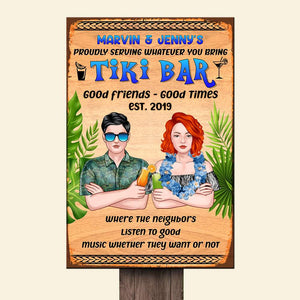 Personalized Hawaiian Wreath Couple Metal Sign - Tiki Bar Good Friends Good Times - Couple Arms Crossed - Hawaiian Shirts - GoDuckee