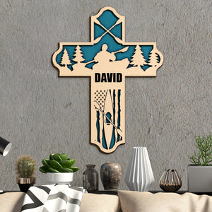 Kayak Layered Cross With American Flag - Personalized Wood Art - Gifts for Kayakers - Wood Sign - GoDuckee