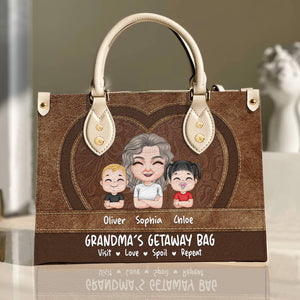 Grandma And Little Grandkids Leather Bag, Personalized Leather Bag, Mother's Day Gift, Gift For Grandma - Leather Bag - GoDuckee