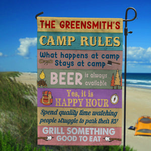 Personalized Gifts For Camping Lovers, Camp Rules What Happens at Camp Stay at Camp Custom Family's Name Flag - Flag - GoDuckee