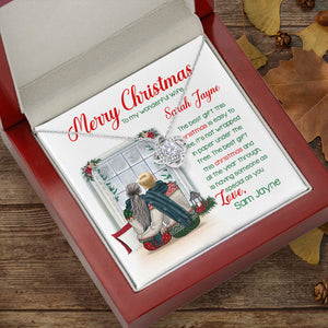 Couple Merry Christmas To My Wonderful Wife Personalized Love Knot Necklace - Gift for Couple - Back Couple Hugging - Jewelry - GoDuckee