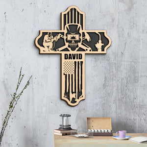 Welder Layered Cross With American Flag - Personalized 3D Wood Art - Gift for Welder - Wood Sign - GoDuckee