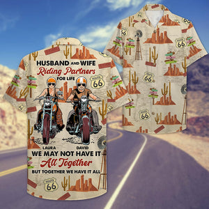 Personalized Motorcycle Couple Hawaiian Shirt - Husband & Wife, Riding Partners For Life - Hawaiian Shirts - GoDuckee