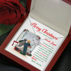 Couple Merry Christmas To My Wonderful Wife Personalized Love Knot Necklace - Gift for Couple - Back Couple Hugging - Jewelry - GoDuckee