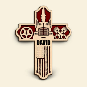 Trucker Truck Inside A Cross - Personalized Wood Art - Gift for Trucker - Wood Sign - GoDuckee