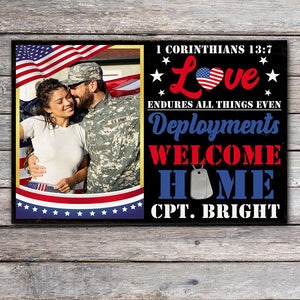 Military Love Endures All Things Even Deployments, Personalized Metal Sign With Upload Image - Metal Wall Art - GoDuckee