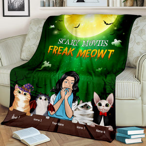 Personalized Horror Girl & Cat Breeds Blanket - Scary Movies Freak Meowt - Blanket - GoDuckee
