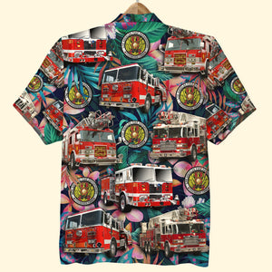 Custom Fire Engine Photo Hawaiian Shirt, Floral Pattern, Gift For Firefighter - Hawaiian Shirts - GoDuckee