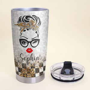 Personalized Racing Girl Tumbler - Don't Let Mascara And Perfume Confuse You - Leopard Checkered Pattern - Tumbler Cup - GoDuckee