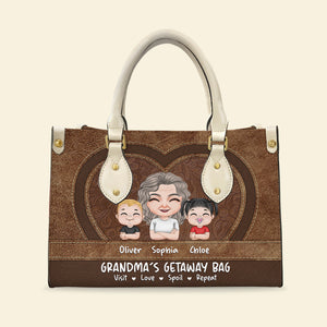 Grandma And Little Grandkids Leather Bag, Personalized Leather Bag, Mother's Day Gift, Gift For Grandma - Leather Bag - GoDuckee