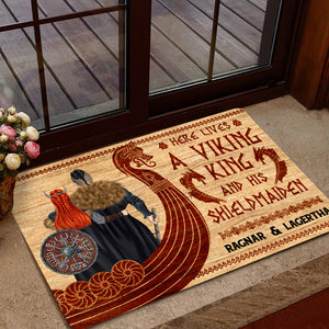 Personalized Viking Couple Doormat - Here Lives A Viking King and His Shield Maiden - Doormat - GoDuckee