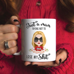 Just A Mom Trying Not To Lose My Shit, Personalized Mug, Gift For Mom, Mother's Day Gift, Chibi Woman With Crossed Arms - Coffee Mug - GoDuckee