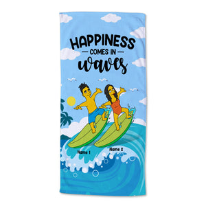 Happiness Comes in Waves - Simpsonized Surfing Beach Towel - Gifts For Wife, Girlfriend From Husband - Beach Towel - GoDuckee