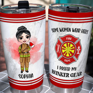 Personalized Female Firefighter Tumbler Cup - Some Women Wear Heels I Prefer My Bunker Gear - Chibi Firefighter - Tumbler Cup - GoDuckee