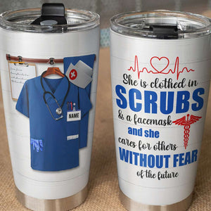 Personalized Nurse Tumbler Cup - She is Clothed in Scrubs and a Face Mask - Nurse Uniform - Tumbler Cup - GoDuckee