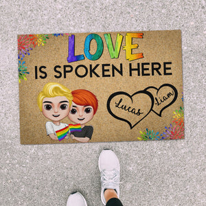 Love Is Spoken Here Personalized LGBT Couple Door Mat Gift For Couple - Doormat - GoDuckee