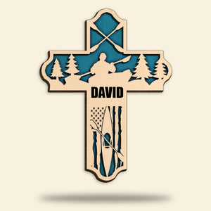 Kayak Layered Cross With American Flag - Personalized Wood Art - Gifts for Kayakers - Wood Sign - GoDuckee