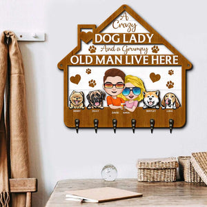 Crazy Dog Lady and A Grumpy Old Man Live Here, Personalized 2 Layers Wood Key Hanger, Gift for Dog Lovers - Wood Sign - GoDuckee