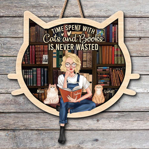Time Spent With Cats And Books Is Never Wasted, Personalized Wood Sign, Gift for Book Girls - Wood Sign - GoDuckee