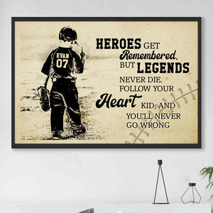 Vintage Baseball Poster - Custom Name, Number - Legends Never Die - Kid Playing Baseball - Poster & Canvas - GoDuckee