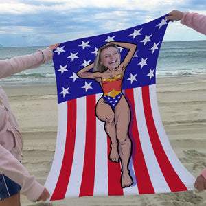 Wonder Body's Woman With American Flag Background - Custom Photo Beach Towel - Beach Towel - GoDuckee