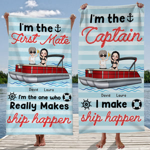 Pontoon Captain and First Mate - Personalized Beach Towel - Gifts For Wife, Girlfriend - Beach Towel - GoDuckee