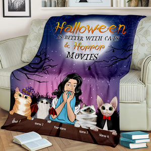 Personalized Horror Girl & Cat Breeds Blanket - Halloween Is Better With Cats and Horror Movies - Blanket - GoDuckee