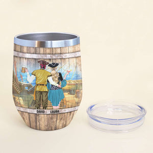 Personalized Pirate Couple Wine Tumbler - Cruise Like A Sailor Party Like A Pirate - Wood Barrel Theme - Wine Tumbler - GoDuckee