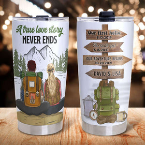 Personalized Camping Couple Tumbler - A True Love Story Never Ends - Tumbler Cup - GoDuckee