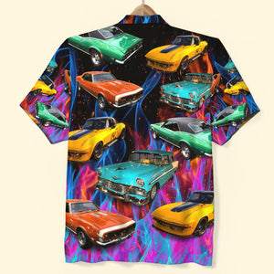 Custom Muscle Car Photo Hawaiian Shirt, Colorful Flame Pattern - Hawaiian Shirts - GoDuckee