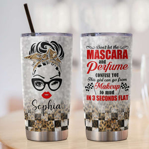 Personalized Racing Girl Tumbler, Don't let mascara and perfume confuse you, Leopard Checkered Pattern - Tumbler Cup - GoDuckee