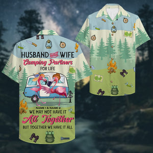 Personalized Camping Couple Hawaiian Shirt - Flamingo Husband and Wife, Camping Partners For Life - Hawaiian Shirts - GoDuckee
