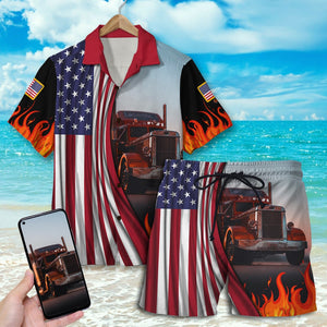Custom Photo Hawaiian Shirt, Aloha Shirt and Mens Beach Shorts - Truck With Fire Background - Hawaiian Shirts - GoDuckee