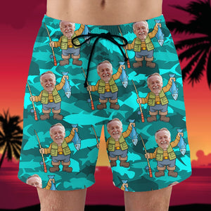 Fishing Custom Face Photos Seamless Pattern, Personalized Hawaiian Shirt and Men Beach Shorts, Gifts for Fishing Lovers - Hawaiian Shirts - GoDuckee
