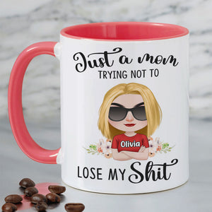 Just A Mom Trying Not To Lose My Shit, Personalized Mug, Gift For Mom, Mother's Day Gift, Chibi Woman With Crossed Arms - Coffee Mug - GoDuckee