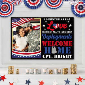 Military Love Endures All Things Even Deployments, Personalized Metal Sign With Upload Image - Metal Wall Art - GoDuckee